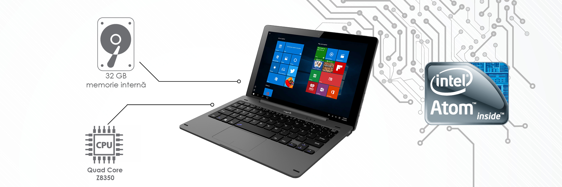 miya Laptop 2 in 1 MYRIA MY8307, Intel Atom Z8350 pana la 1.92GHz, 10.1